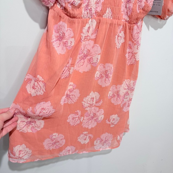 COLLECTIVE CONCEPTS Pink Floral Smocked V Neck Tie Back Mini Dress Women's M NEW - Picture 4 of 9